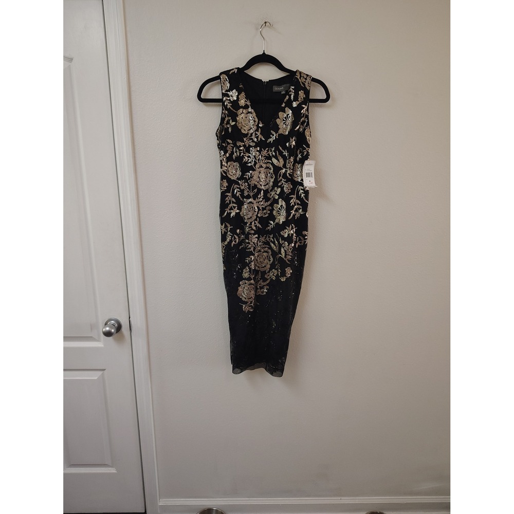 Donna Ricco Black Gold Sequin Floral V-Neck Sheath Cocktail Dress DR50442 Size 4